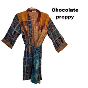 Anthropologie Chocolate Preppy Colorful Patchwork  Textured Silk Robe Medium